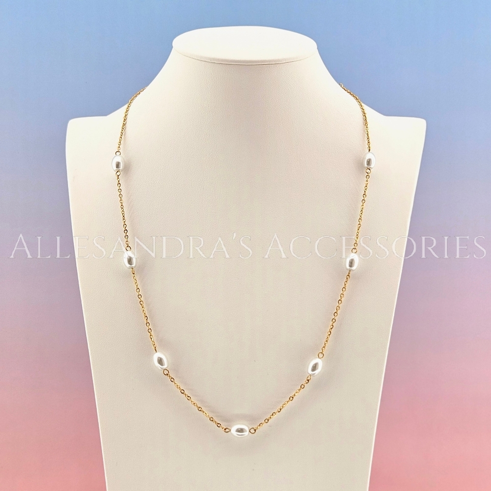 Savvy Cie Necklace 18k Gold Plated Chain Imitation Pearl Boho Vacation Bohemian